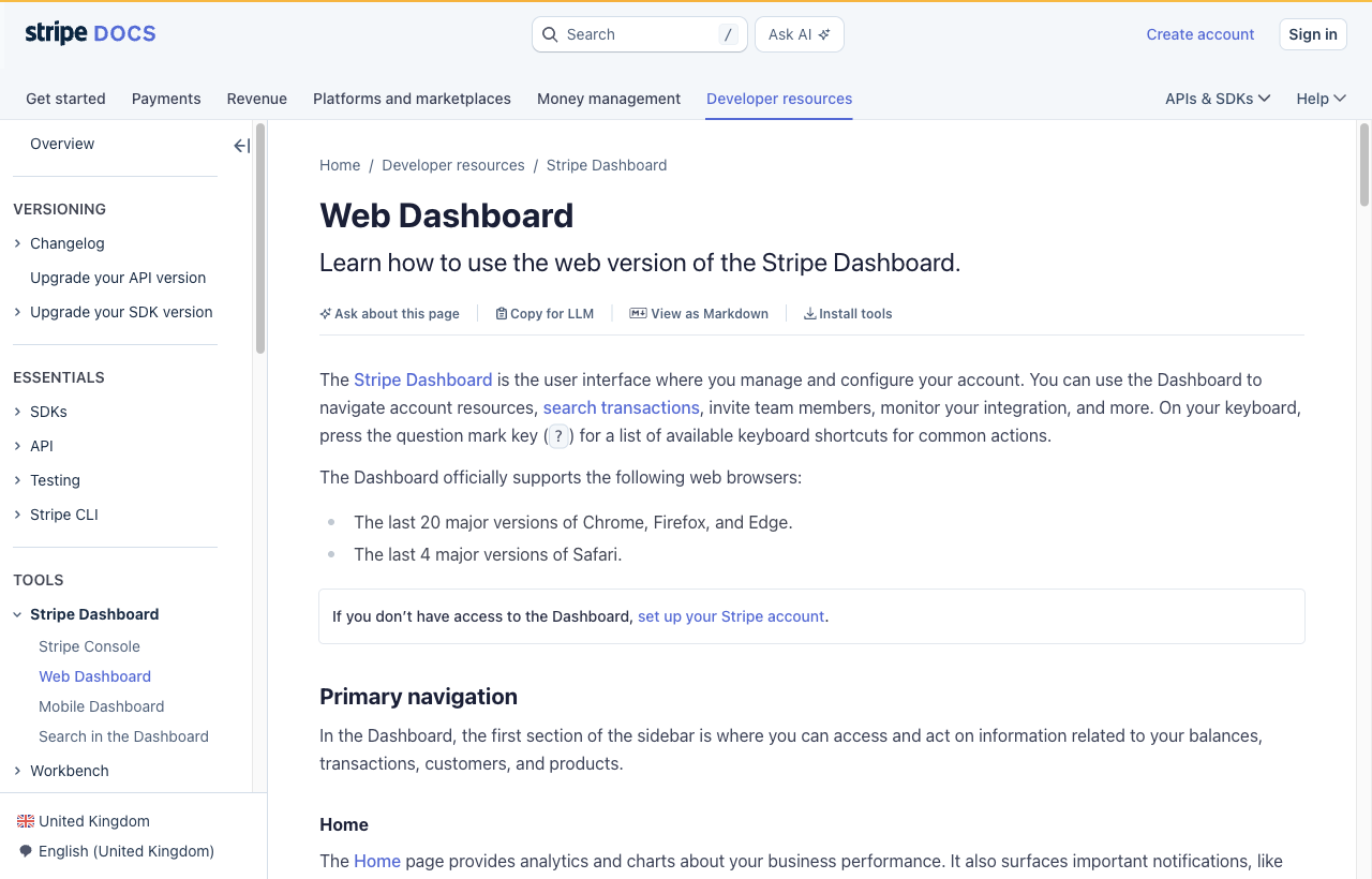 Stripe dashboard